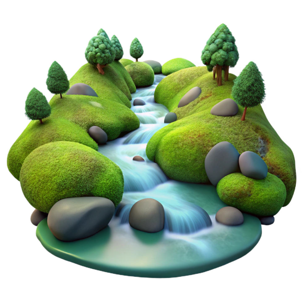 unparalleled urban A bubbling stream flowing through a mossy forest, soft diffused light, tranquil and serene, nature photography style refined png