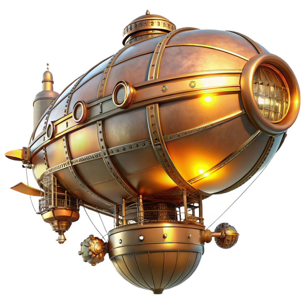 gorgeous unforgettable A majestic steampunk airship, copper and brass, intricate clockwork gears visible, illuminated by a golden sunset, highly detailed, cinematic lighting png