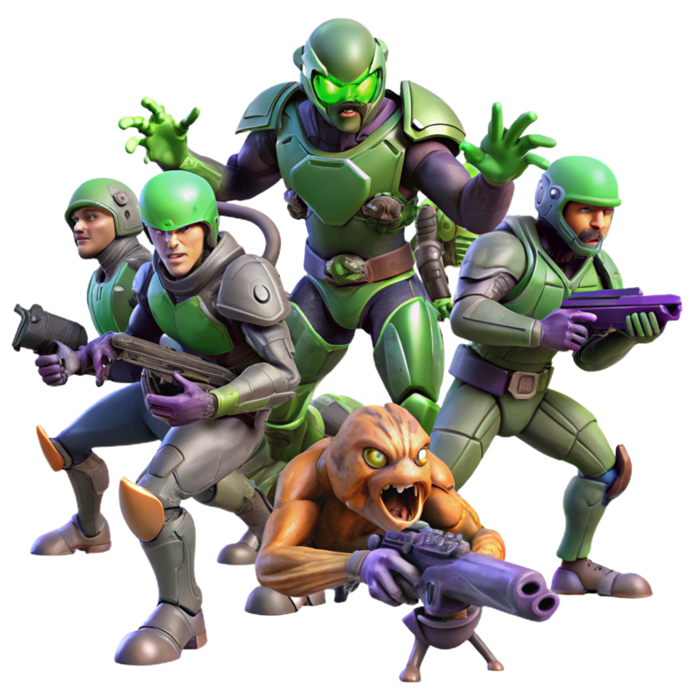 extraordinary urban A group of futuristic soldiers fighting alien creatures, dynamic action, comic book style authentic png