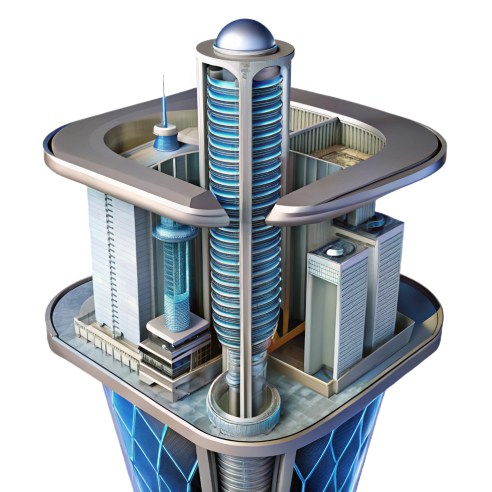 striking iconic A cross section of a futuristic skyscraper, showcasing its inner workings, technical illustration style, detailed, png