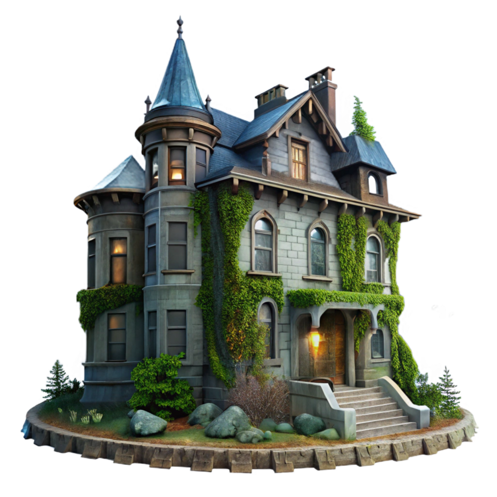 stunning industrial A crumbling Victorian mansion, overgrown with ivy, moonlight, desaturated colors, painterly style, visible brick and peeling paint, fog rolling in perfect clarity png