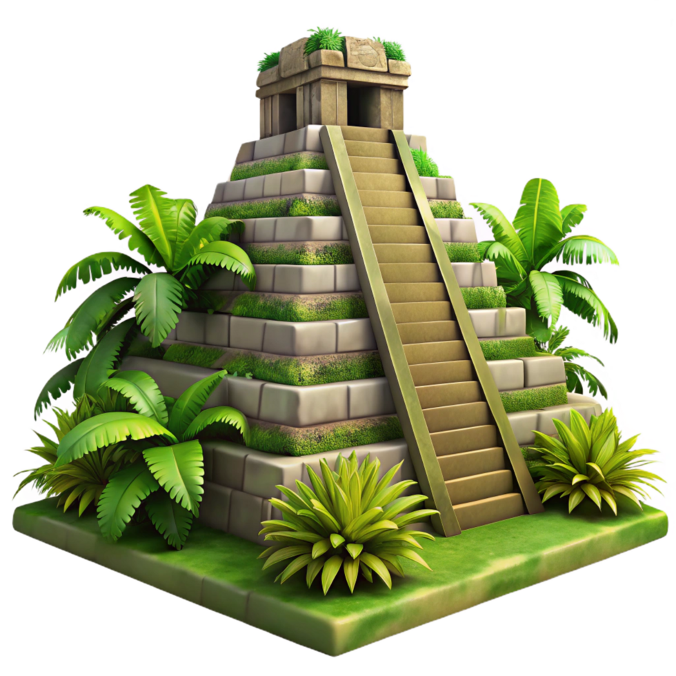 breathtaking reflective gothic An ancient Mayan pyramid overgrown with jungle vegetation, dappled sunlight, photorealistic style studio quality png