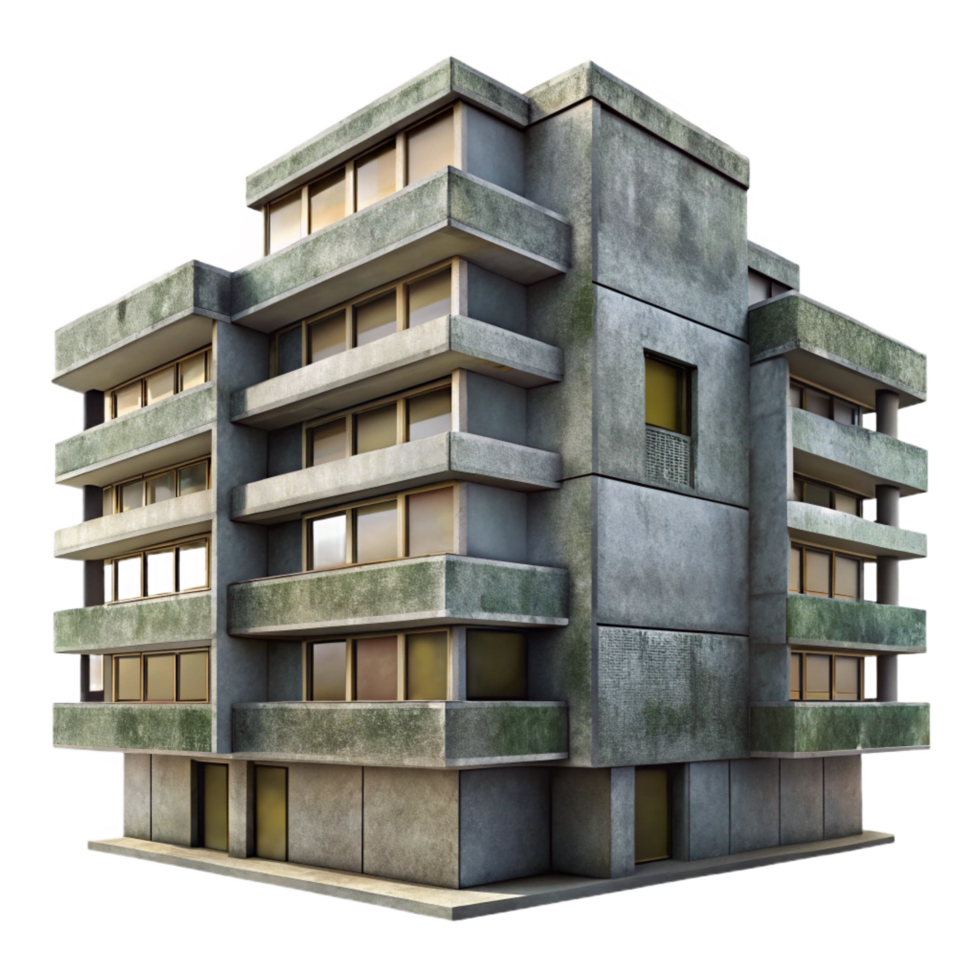 signature industrial Brutalist concrete apartment block, overcast sky, gritty realism, urban photography style, elite png