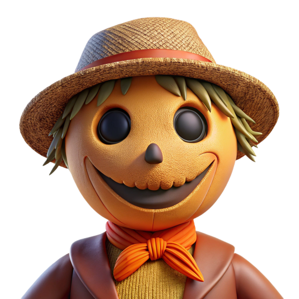 serene rustic Portrait of a whimsical scarecrow with a stitched smile, autumnal lighting, folk art style genuine png