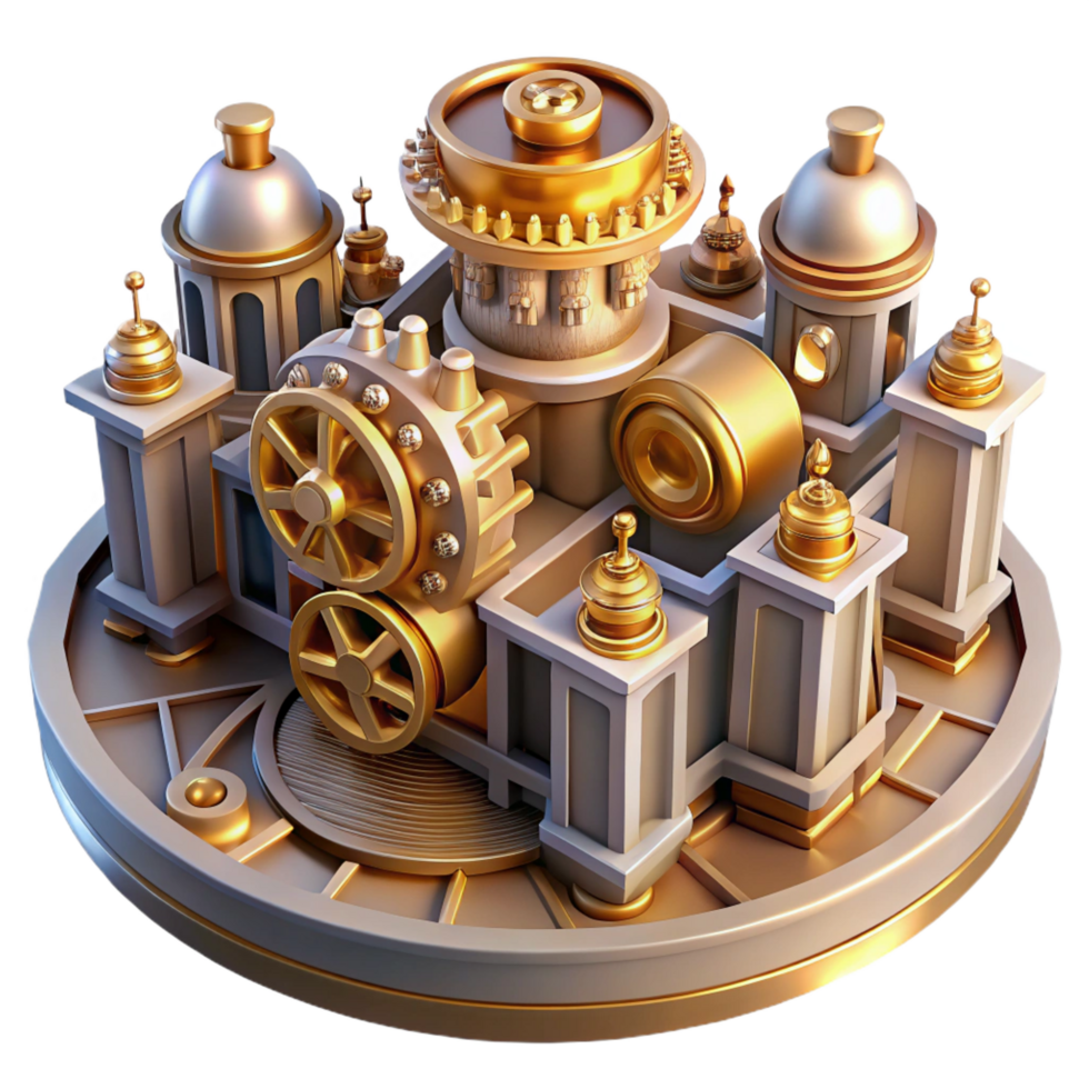 glorious peaceful surreal An intricate clockwork city, gears and cogs visible throughout, steampunk style, warm and inviting lighting, isometric view flawless png