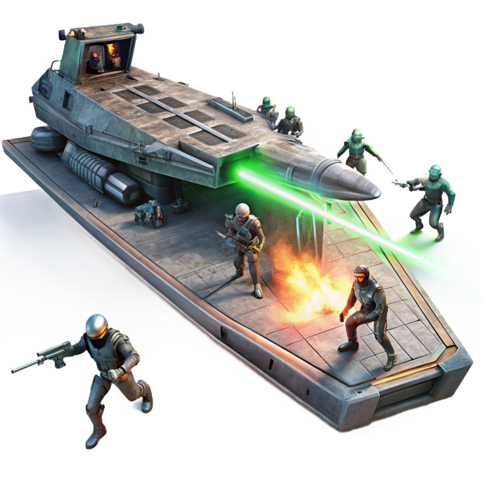 playful captivating A group of space pirates boarding a derelict spaceship, laser fire illuminating the scene, gritty and realistic style, dramatic chiaroscuro lighting authentic png