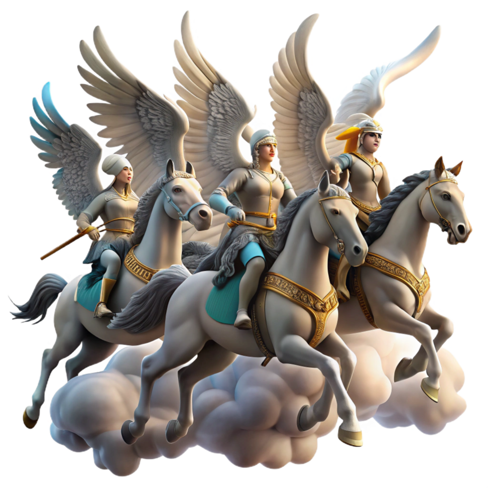 dazzling traditional A group of Valkyries riding winged horses across a stormy sky, carrying fallen warriors to Valhalla. Norse mythology, dramatic lighting flawless png