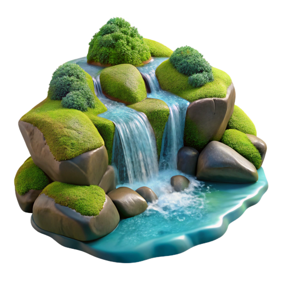 whimsical immaculate A crystal clear stream cascading over moss covered rocks in a sun dappled forest. Hyperrealistic, detailed textures, vibrant colors handcrafted png