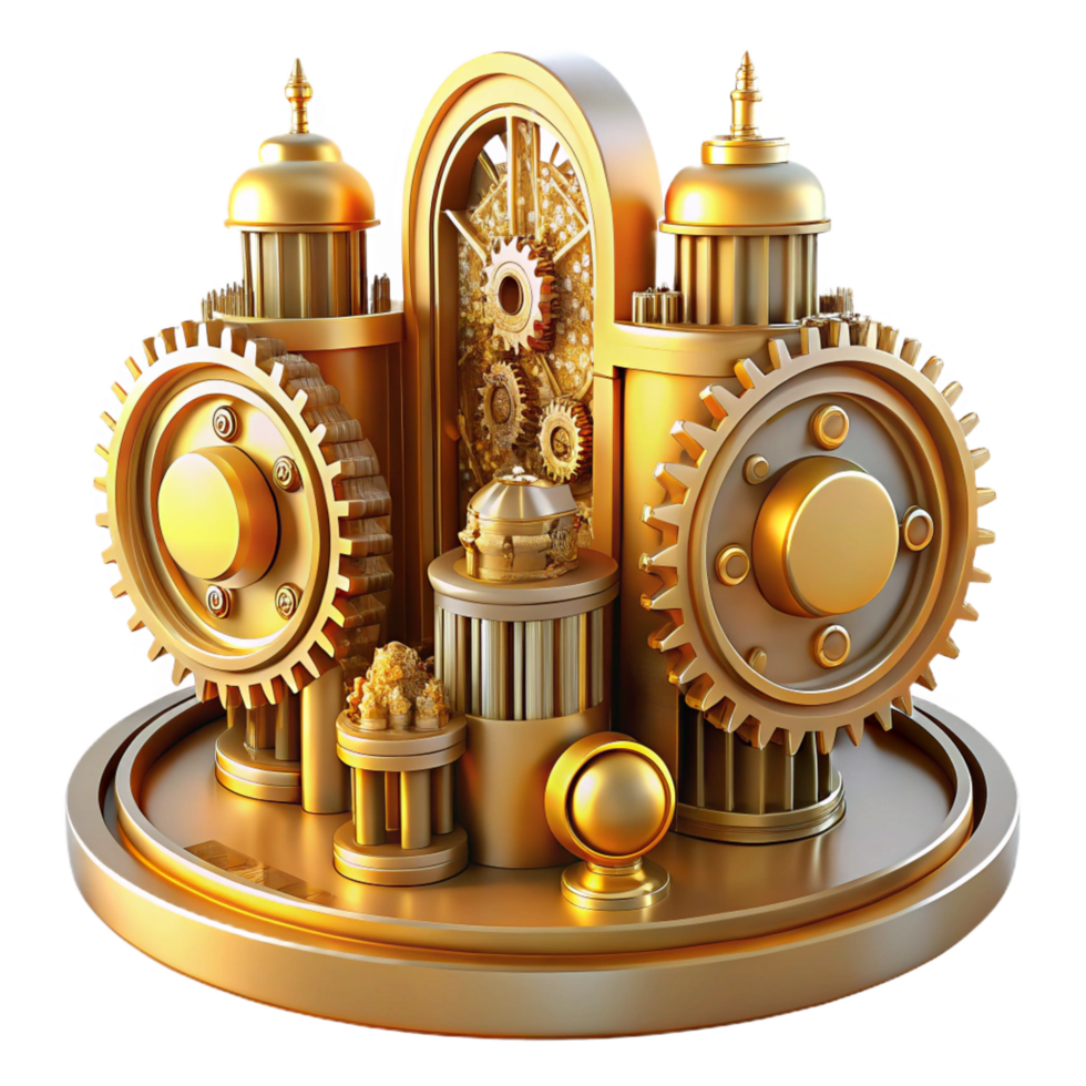 mesmerizing organic An intricate clockwork city with gears and cogs, steampunk style, warm golden lighting top tier png