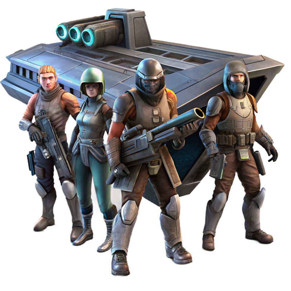dazzling rustic A group of space pirates, clad in ragged clothing and armed with laser pistols, boards a derelict spaceship. Dark, dramatic lighting. Space opera style impeccable png
