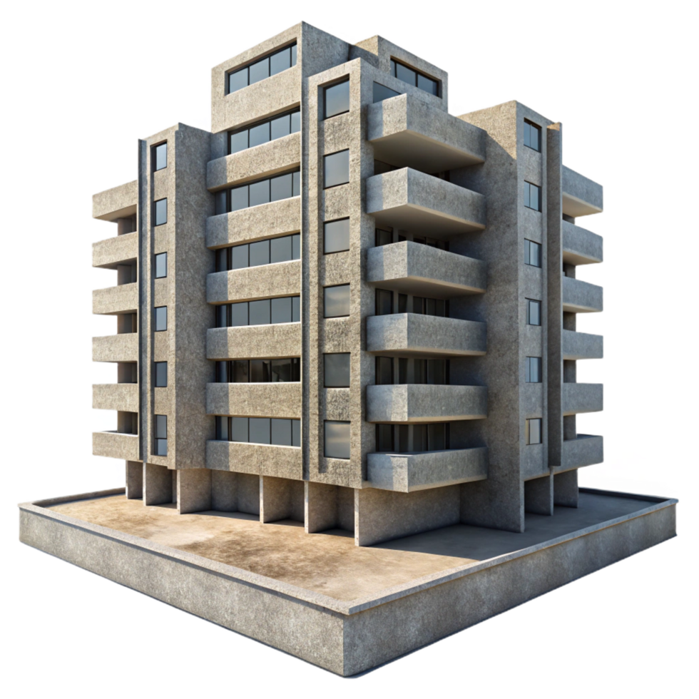 sought after tropical A Brutalist concrete apartment complex, harsh midday sunlight, gritty and realistic style genuine png