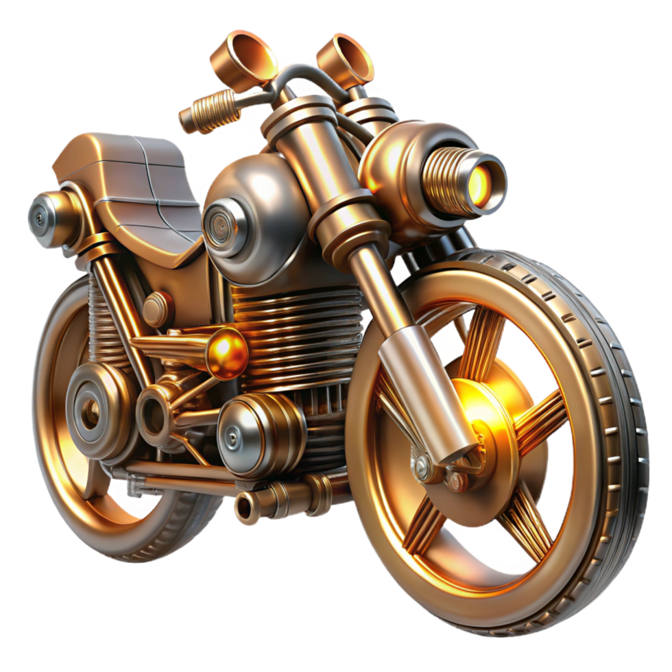 sumptuous modern A dynamic illustration of a steampunk motorcycle, with exposed gears, glowing exhaust pipes, and a sleek, metallic body. Motion blur and dramatic lighting studio quality png