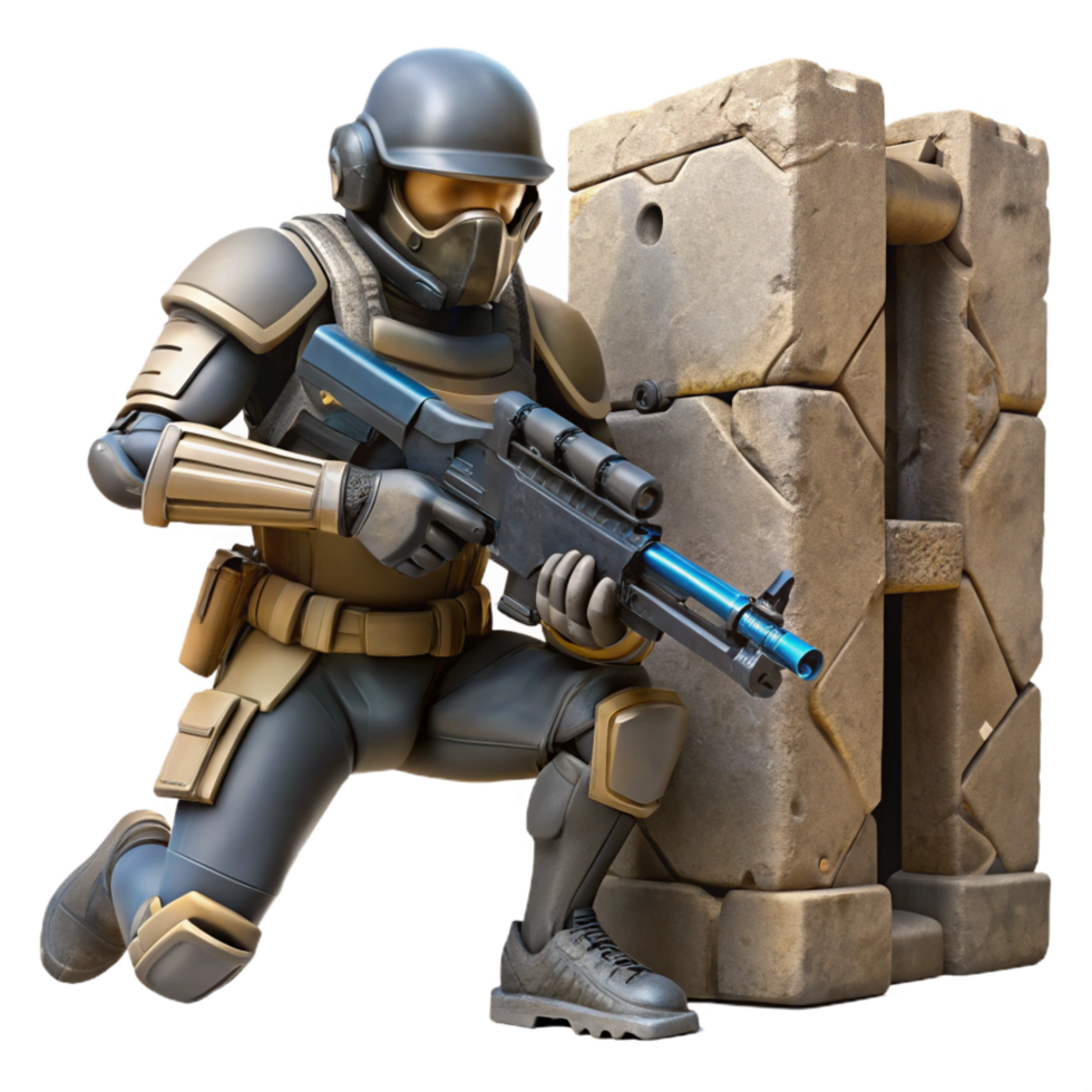 mesmerizing distinctive A futuristic soldier, armed with a plasma rifle, takes cover behind a crumbling wall in a war torn cityscape. Gritty, realistic lighting. Military sci fi style png