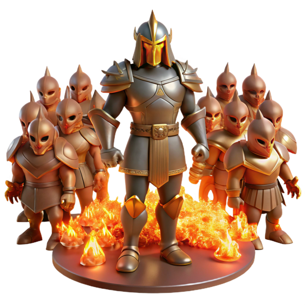 magnificent iconic A stoic Spartan warrior facing a horde of mythical creatures, armor reflecting the firelight, realistic style, dramatic firelight png