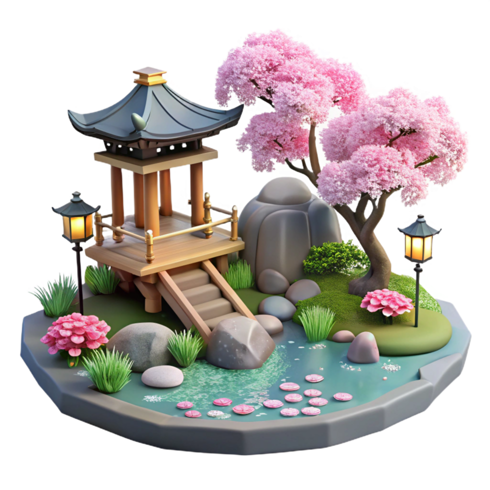 inspired rustic A traditional Japanese garden with a koi pond, stone lanterns, cherry blossoms, serene atmosphere, peaceful, exclusive png