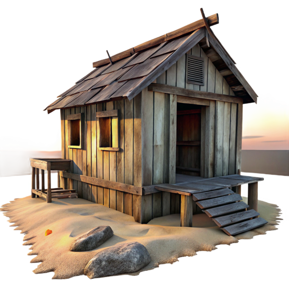 serene playful impressionist A dilapidated wooden shack on a remote beach, sunset lighting, weathered wood textures, melancholic atmosphere, sense of isolation masterfully captured png
