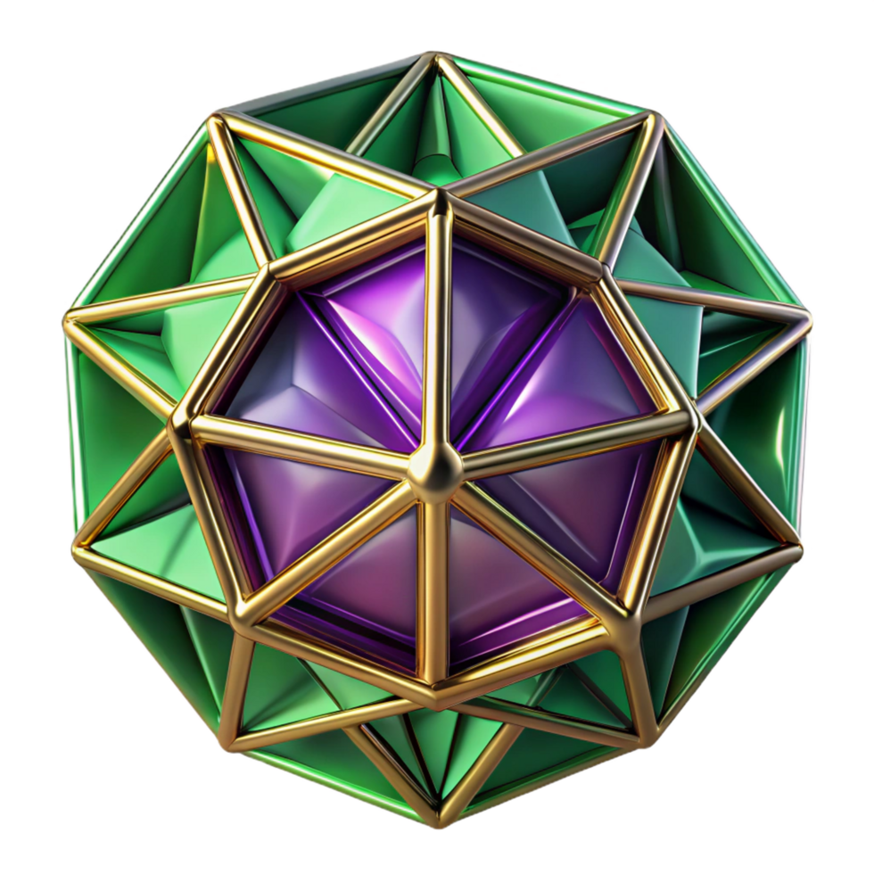 intense glorious Geometric fractals in shades of deep violet and emerald green, interconnected by glowing golden lines, with soft ambient lighting flawless png