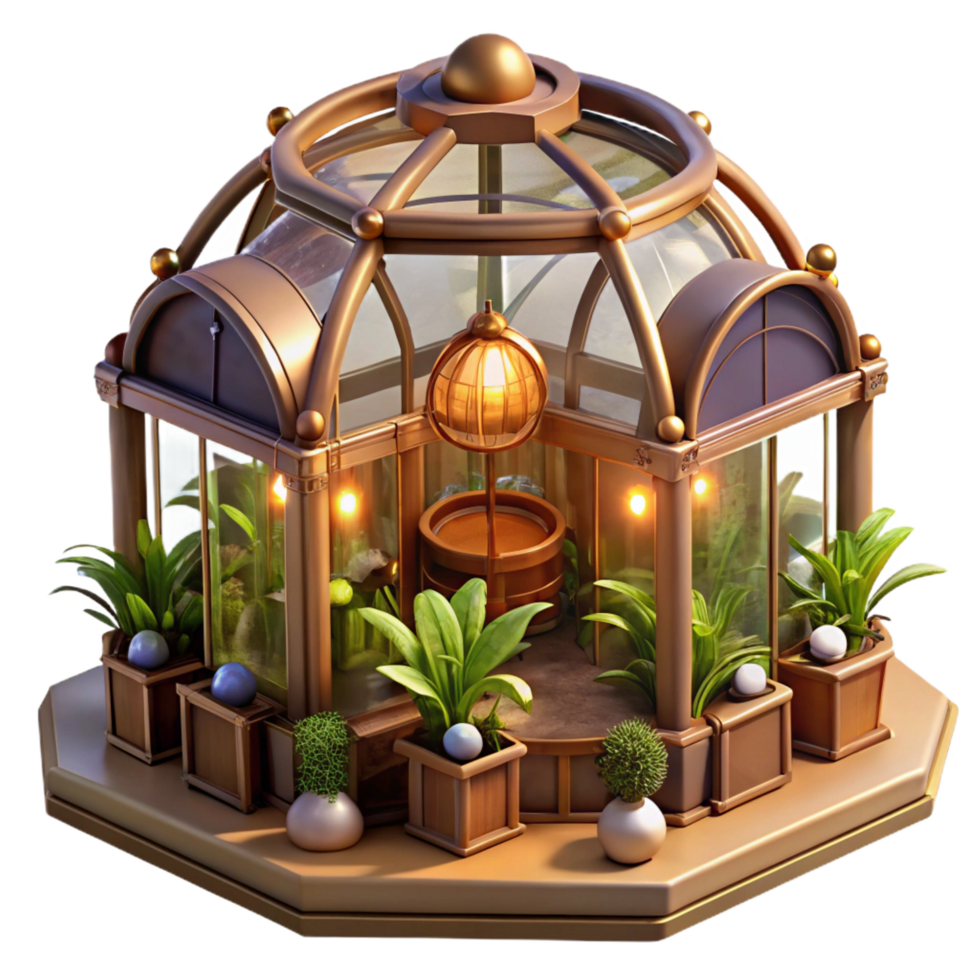 bold glorious A steampunk greenhouse, filled with exotic mechanical plants and glowing orbs, warm, inviting lighting, fantasy art style expertly shot png