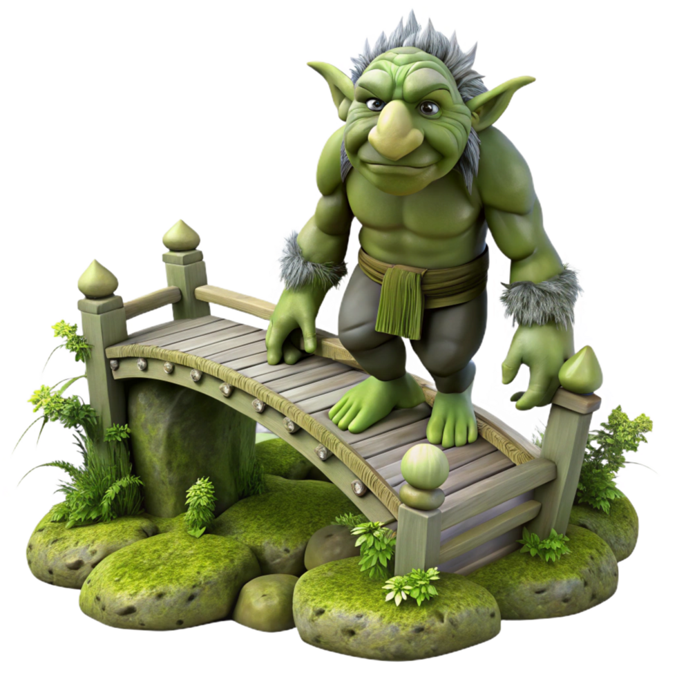exemplary rustic A wise old troll guarding a bridge, mossy and overgrown setting, fantasy art style crisp png