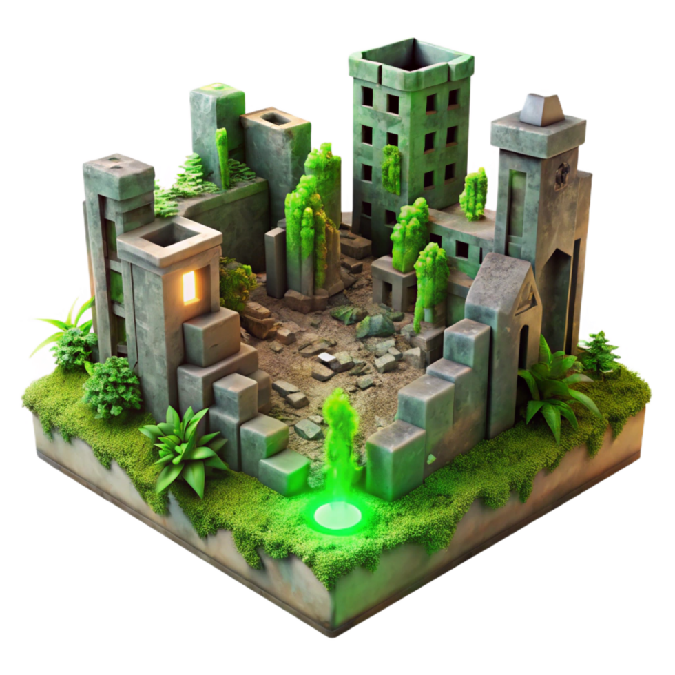 unparalleled coastal A post apocalyptic city in ruins, overgrown with vegetation, crumbling buildings, eerie green light artisan png