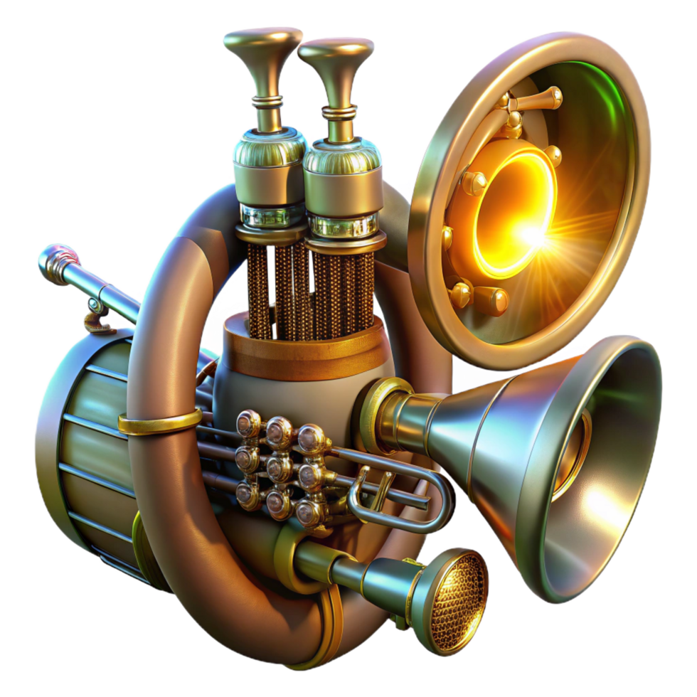 elegant rare A steampunk musical instrument, resembling a cross between a violin and a pipe organ, with glowing valves and intricate gears, illuminated by a spotlight, in a dramatic, orchestral style png