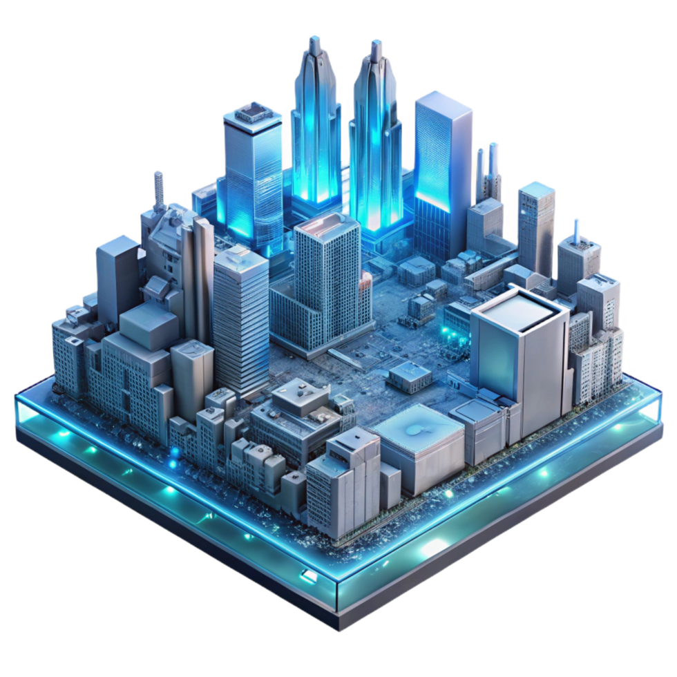striking unparalleled A futuristic city built on a giant motherboard, glowing circuitry patterns visible below, aerial view, cyberpunk style png
