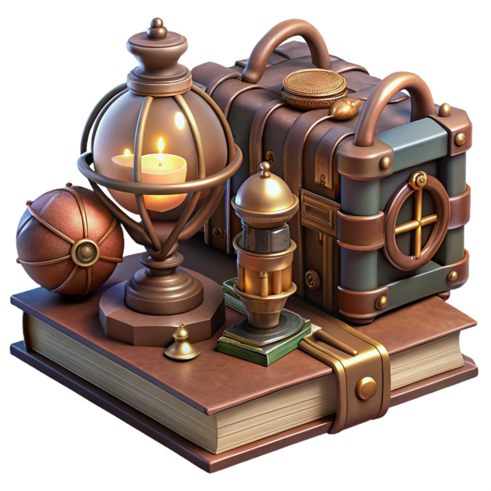 joyful stunning A scene of a steampunk library, filled with leather bound books, intricate globes, and flickering gas lamps. Warm, inviting lighting with a vintage feel impeccable png
