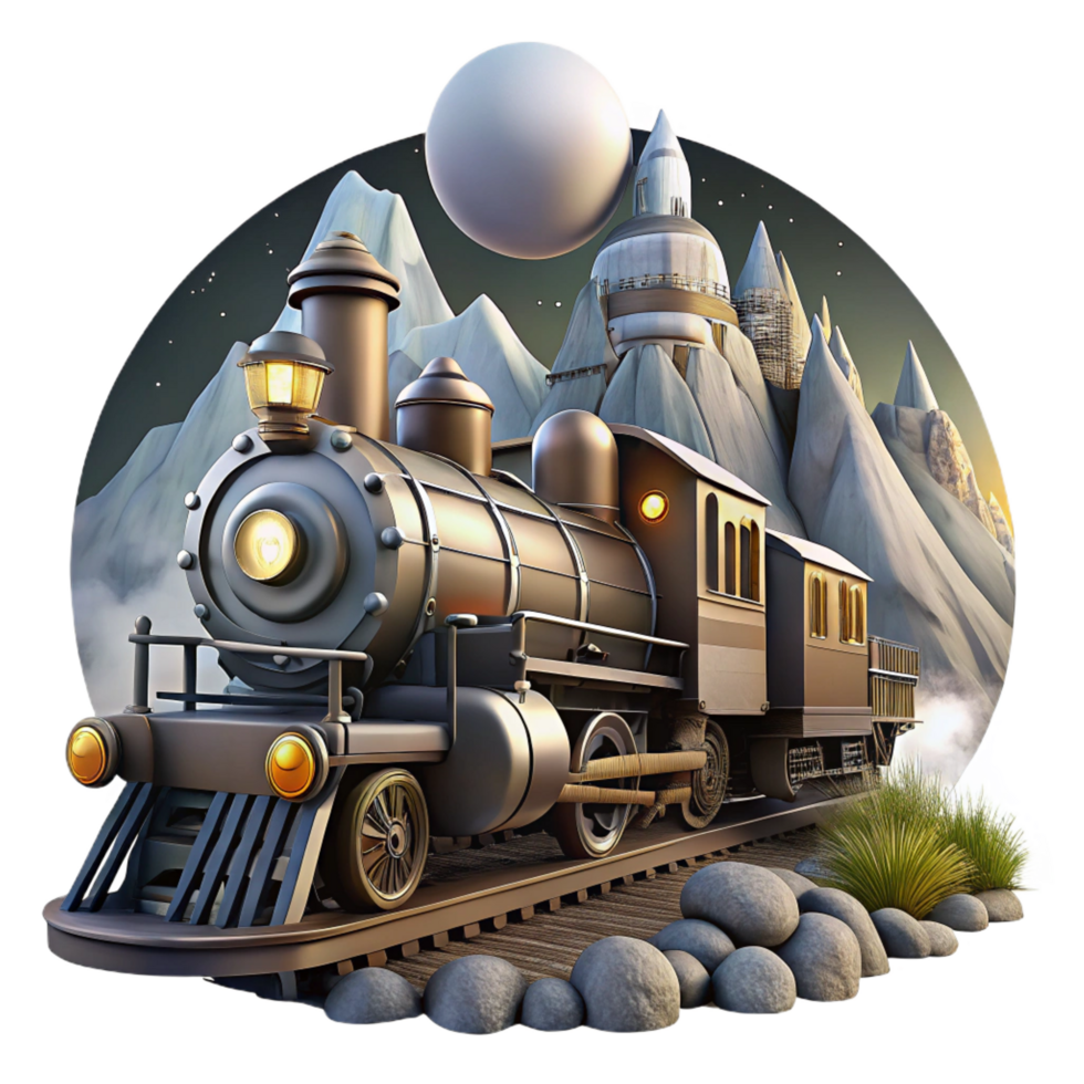reflective glorious A majestic steampunk train, powered by visible steam engines and gears, speeding through a mountainous landscape, lit by a full moon. Dynamic, cinematic style ultra HD png