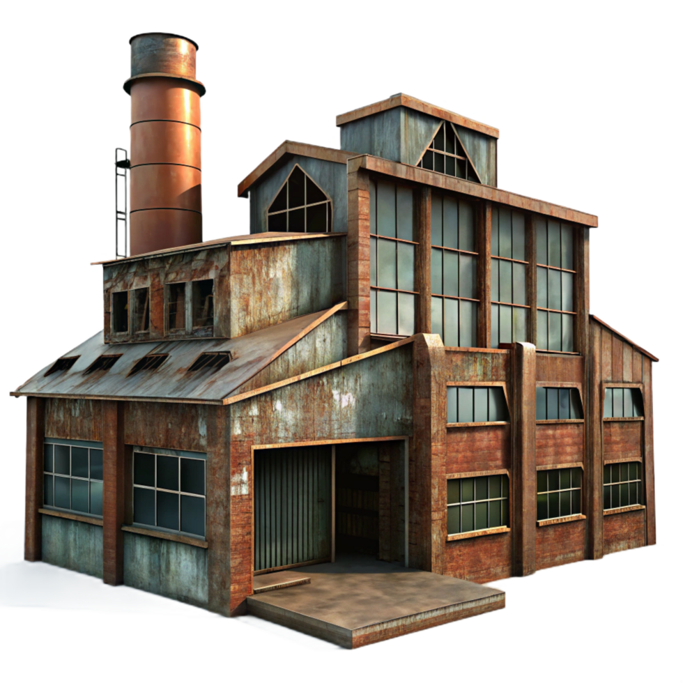 gorgeous dreamy creative An abandoned industrial complex, rusty metal, broken windows, overcast lighting, high resolution png