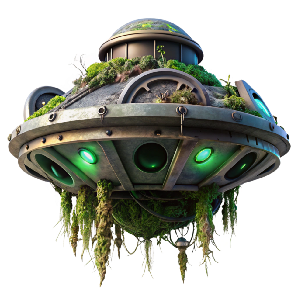 dazzling modern A decaying, abandoned spaceship, overgrown with alien vines and bioluminescent fungi, rests on a desolate, alien planet. Dark fantasy style detailed png