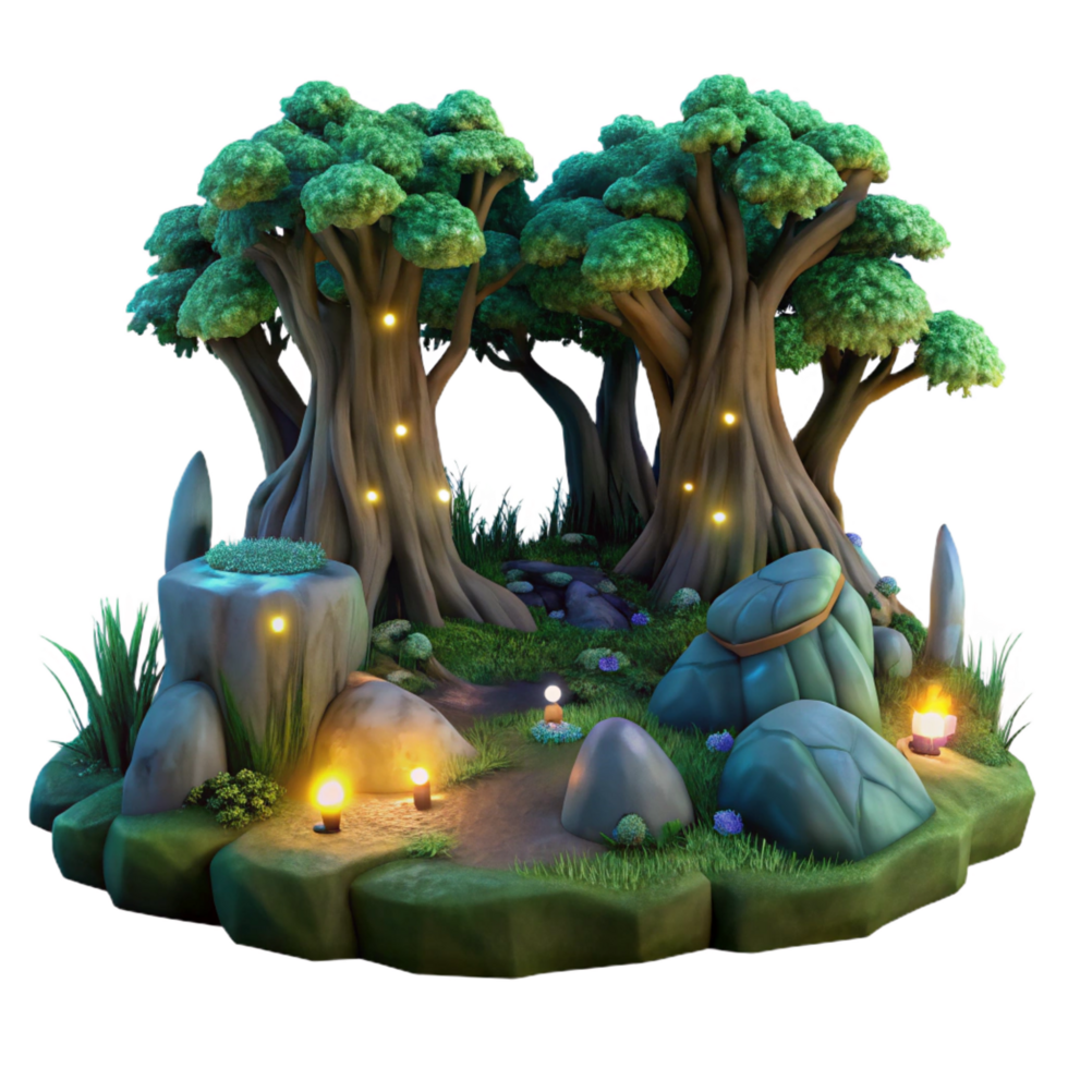 enchanting coveted A hidden grove of ancient trees with glowing bioluminescent moss, magical twilight lighting, in a fantasy realism style png