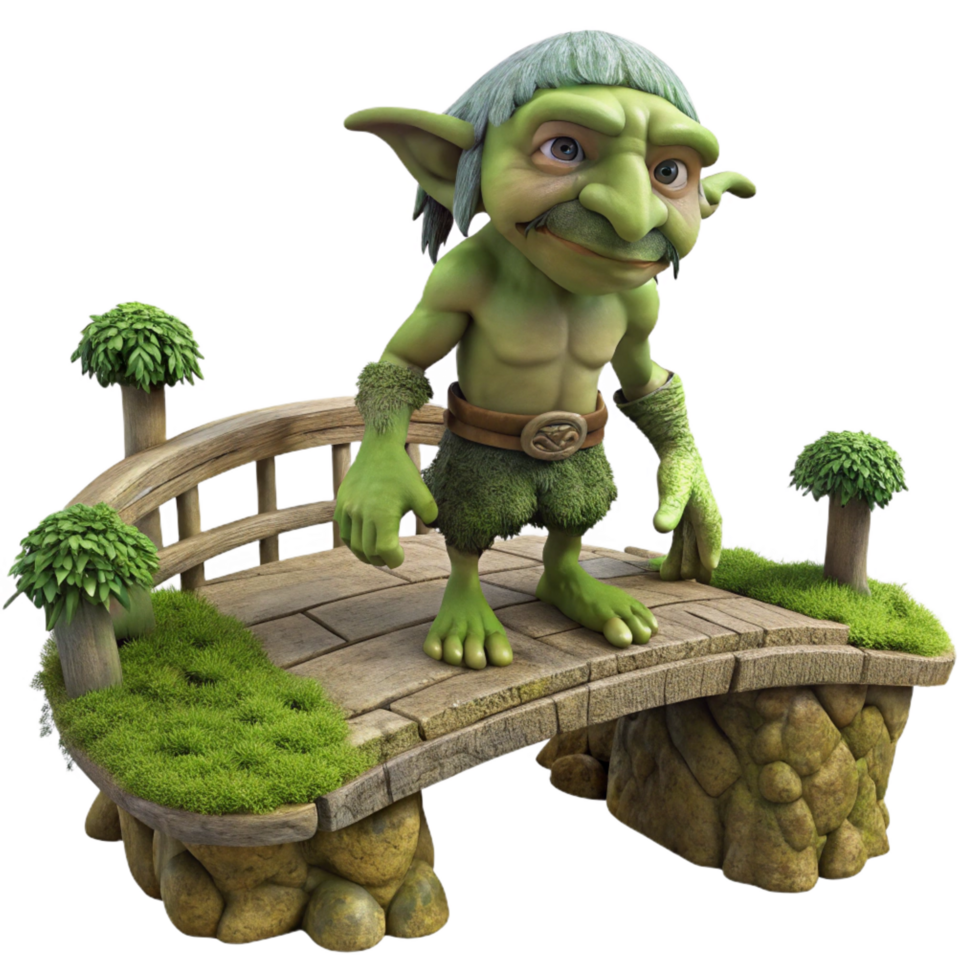 alluring rare A wise old troll guarding a bridge, mossy and overgrown setting, fantasy art style png