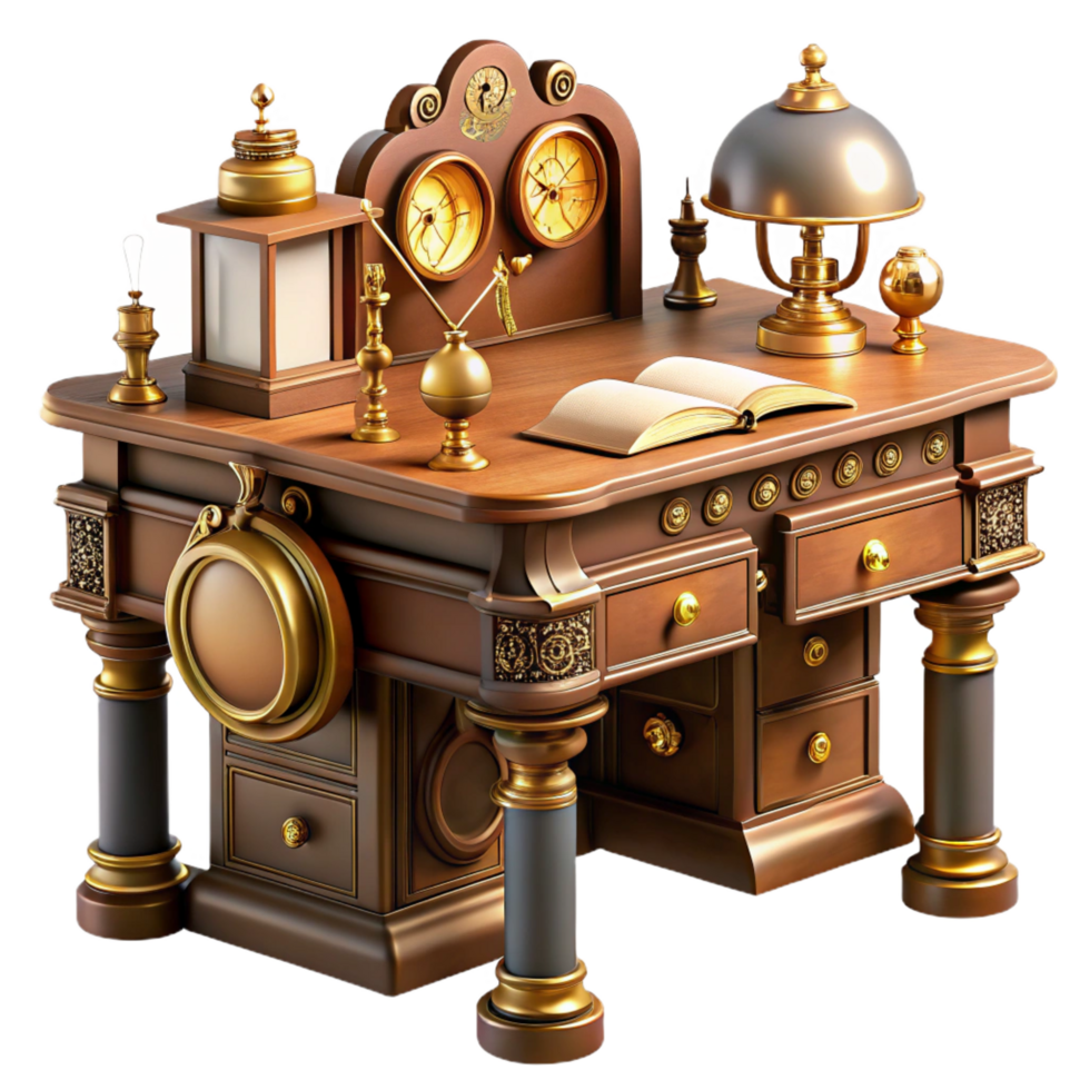 melancholic serene A sophisticated steampunk writing desk, with intricate clockwork mechanisms and hidden compartments, soft, warm lighting, victorian style detailed png