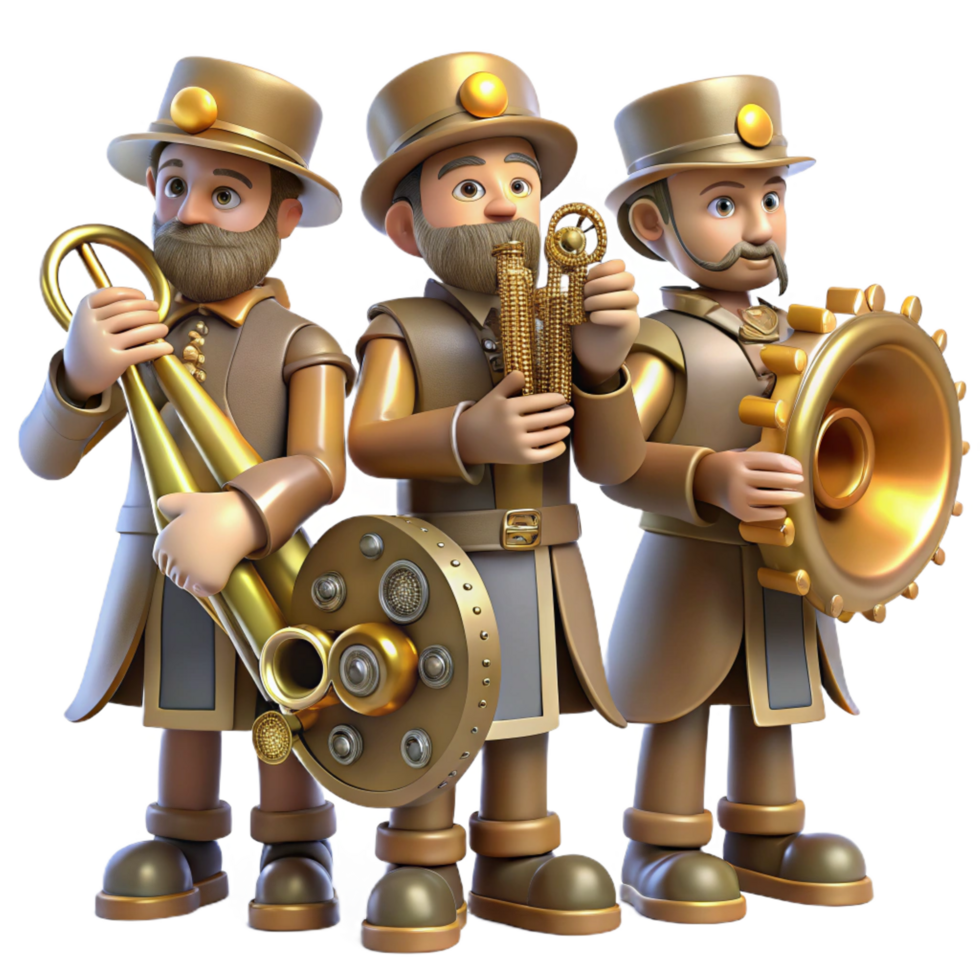 signature gothic A group of steampunk musicians, playing brass instruments modified with gears and tubes, illuminated by stage lights in a smoky, atmospheric setting precision png