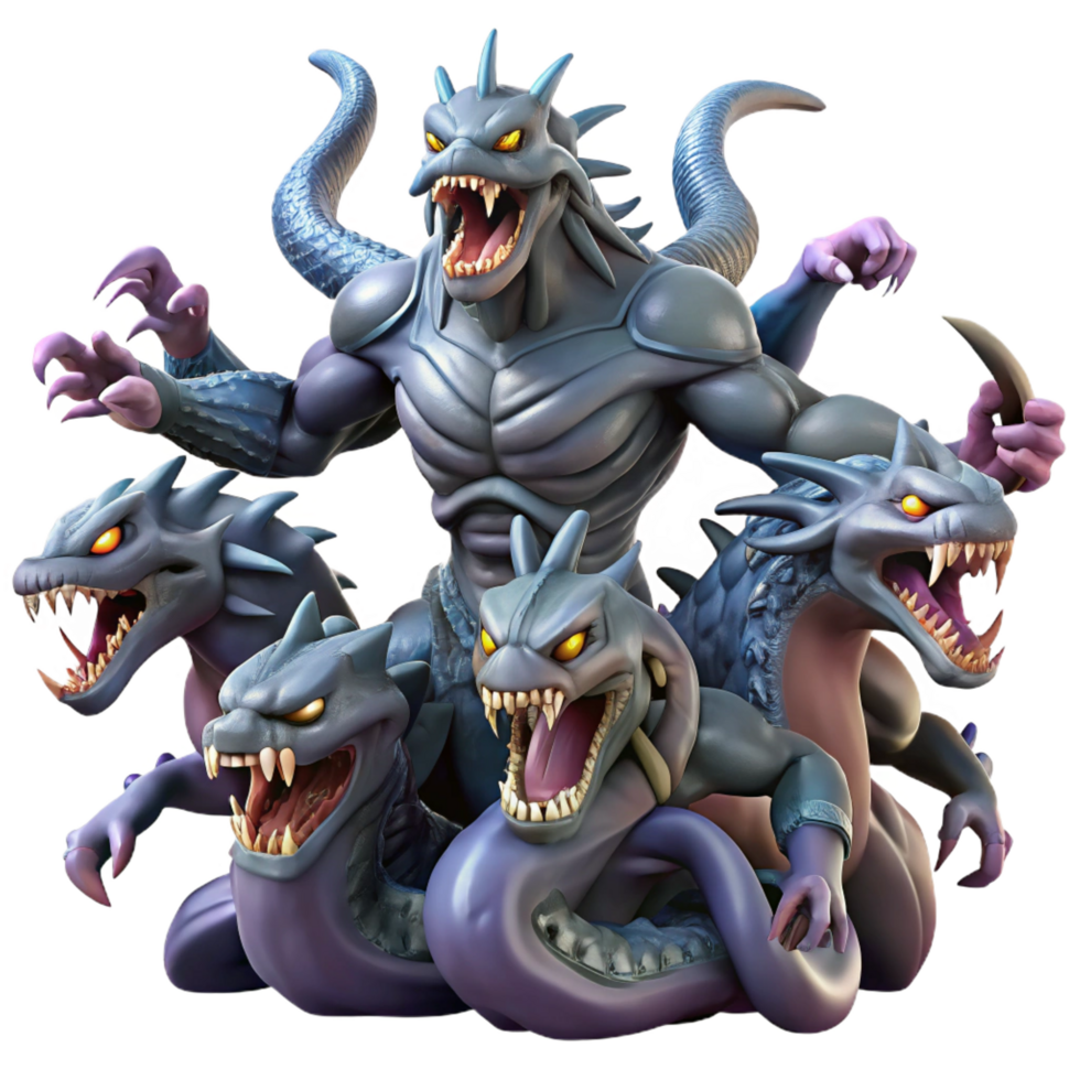 radiant reflective baroque A fierce hydra battling a group of heroes, dramatic lighting, fantasy art style handcrafted png