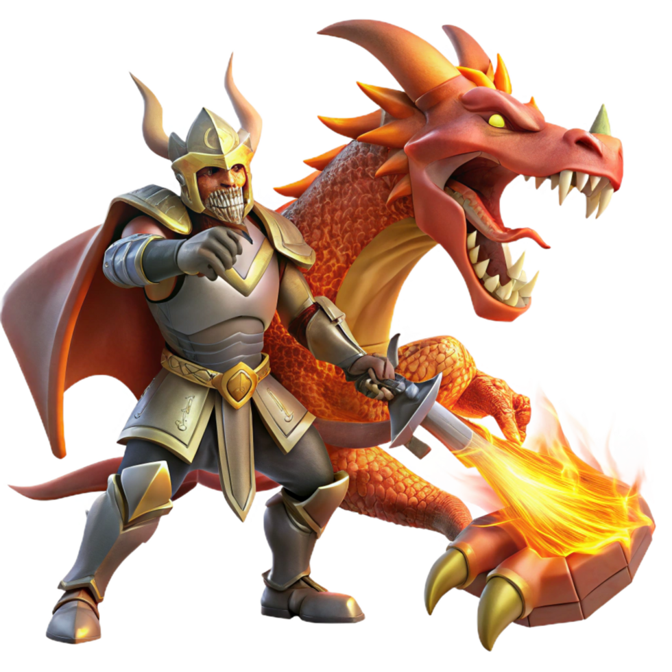 dramatic hypnotic A brave knight battling a fearsome dragon, fiery lighting, heroic fantasy art style detailed png