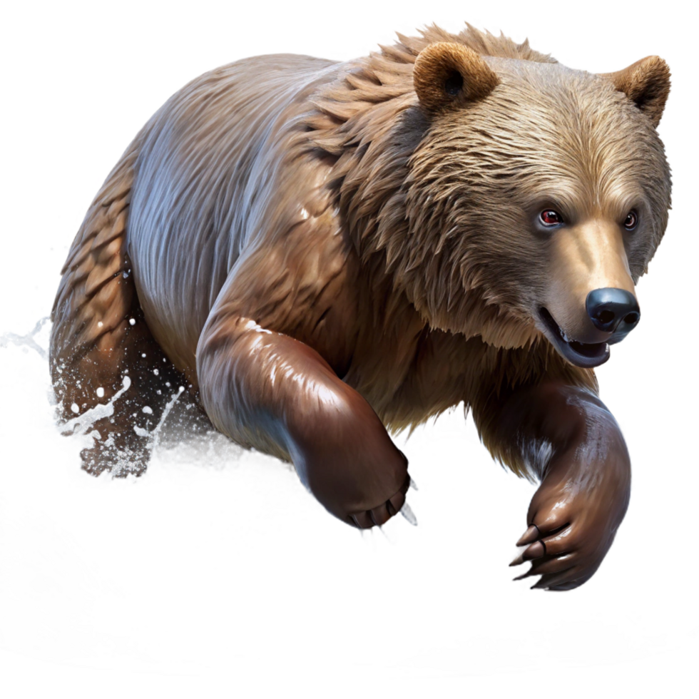 magnificent rare A grizzly bear fishing for salmon in a rushing river, dynamic pose, hyperrealistic detail, dramatic lighting png