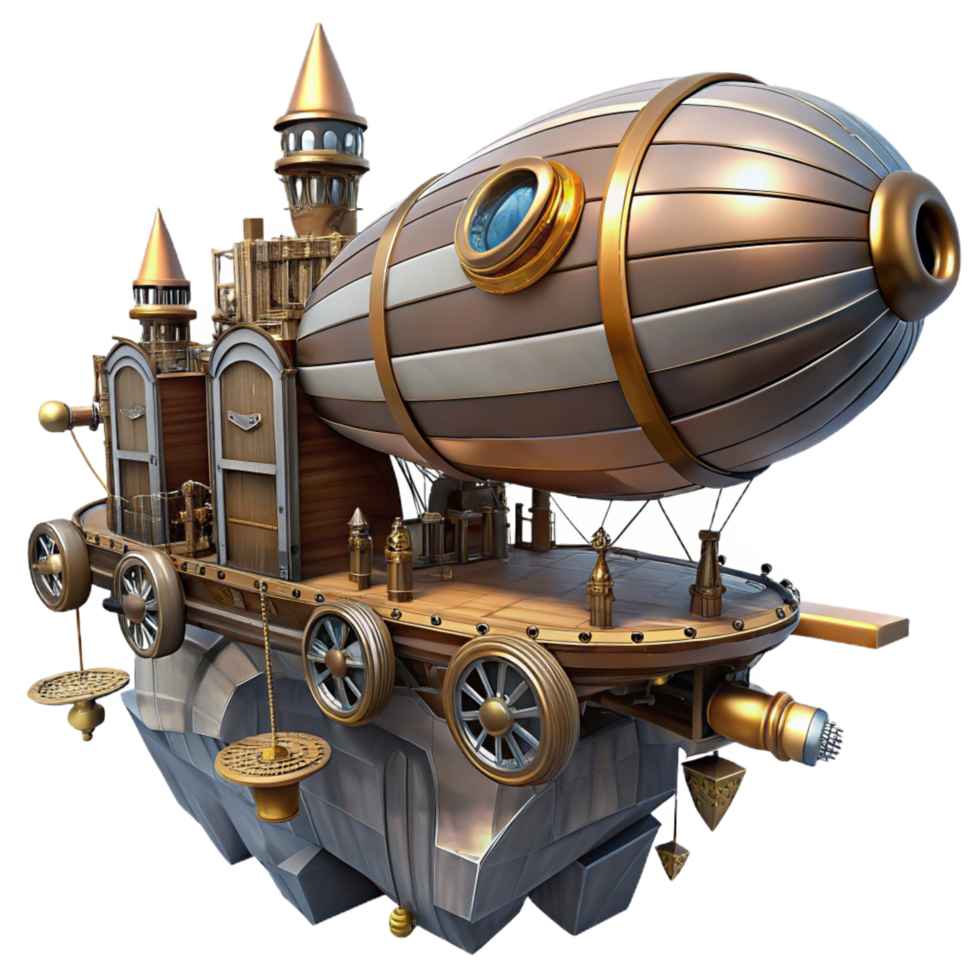 alluring reflective elegant A steampunk airship docking at a floating city, intricate gears and pipes, retro futuristic, dieselpunk, detailed, flawless png