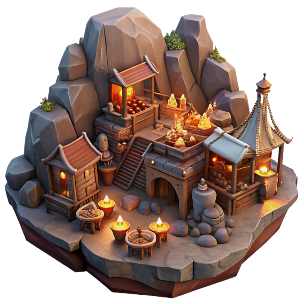 tranquil alluring A bustling marketplace in a dwarven city carved into the side of a mountain, warm firelight and lantern light, in a detailed steampunk style expertly shot png