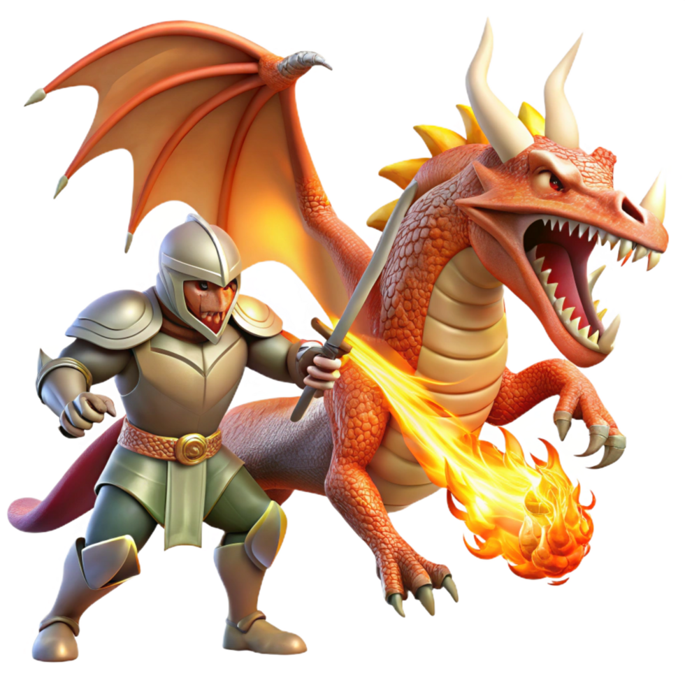 elegant traditional A brave knight battling a fearsome dragon, fiery lighting, heroic fantasy art style ultra HD png