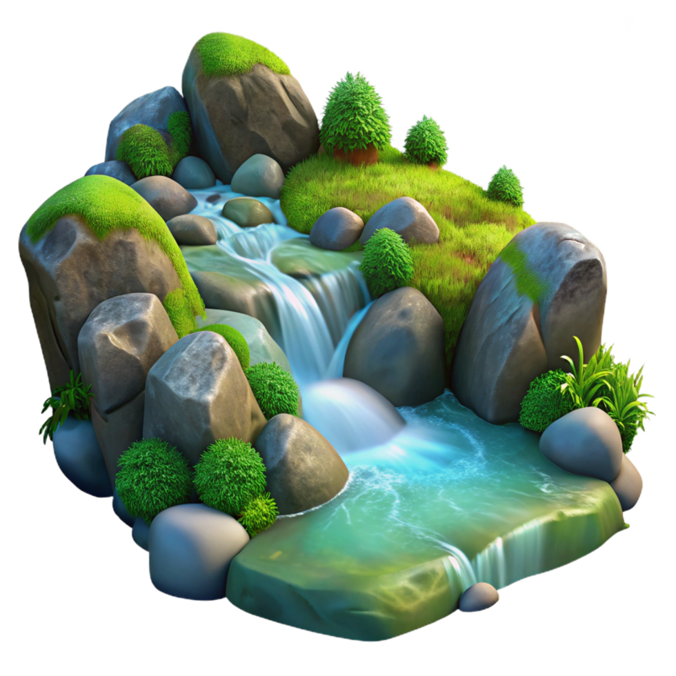 unparalleled minimalist A crystal clear stream cascading over moss covered rocks in a sun dappled forest. Hyperrealistic, detailed textures, vibrant colors top tier png