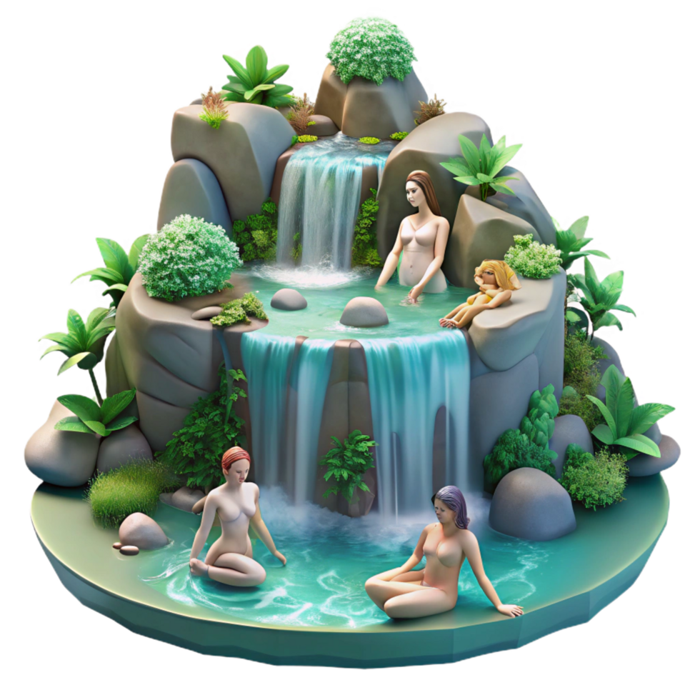 acclaimed modern A group of nymphs bathing in a crystal clear waterfall, surrounded by lush vegetation, illuminated by dappled sunlight. Romantic style luxury png