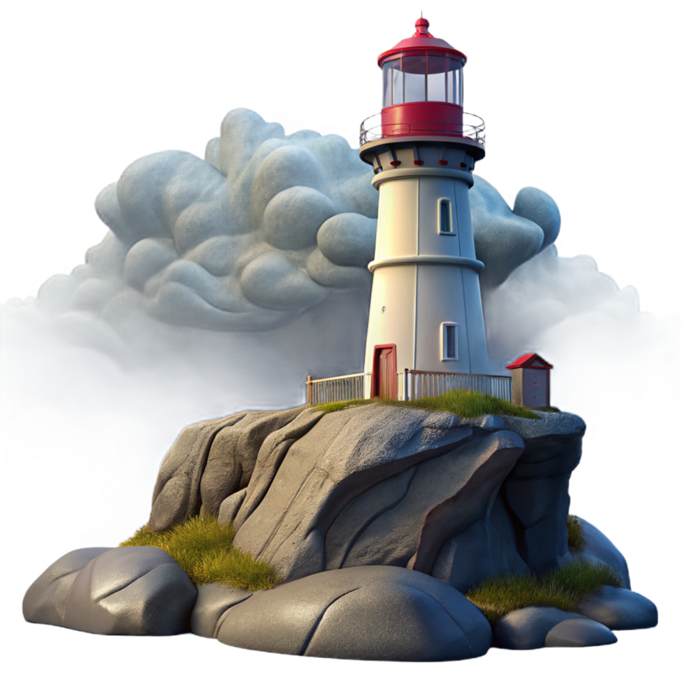 fascinating mysterious surreal A solitary lighthouse perched on a rocky cliff, dramatic stormy skies, oil painting, romantic style authentic png