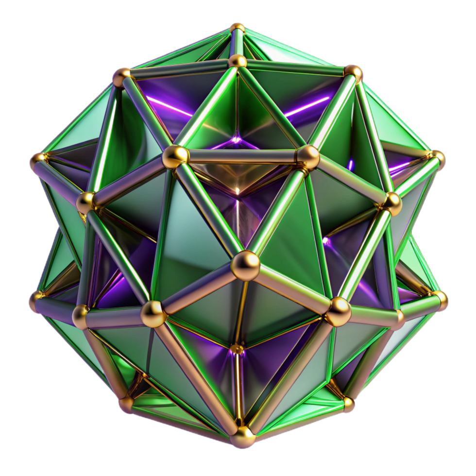 alluring ethereal art deco Geometric fractals in shades of deep violet and emerald green, interconnected by glowing golden lines, with soft ambient lighting museum quality png