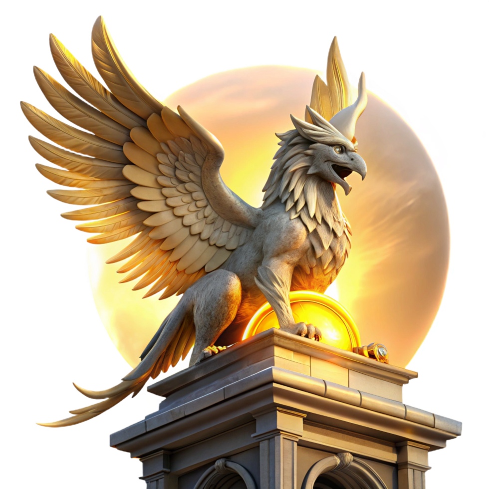 stunning mid century A majestic griffin perched atop a crumbling clock tower, feathers shimmering in the golden light of a setting sun, Art Nouveau style original png