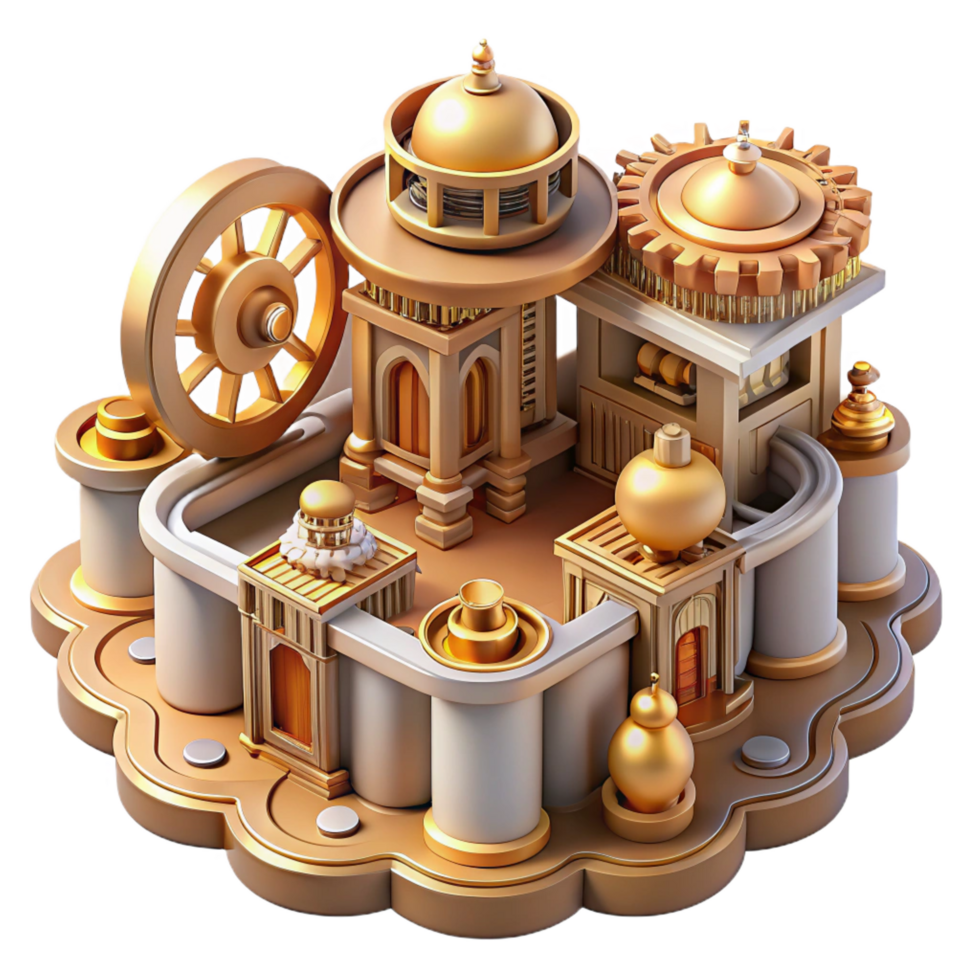 ethereal immaculate An intricate clockwork city, gears and cogs visible throughout, steampunk style, warm and inviting lighting, isometric view masterfully captured png