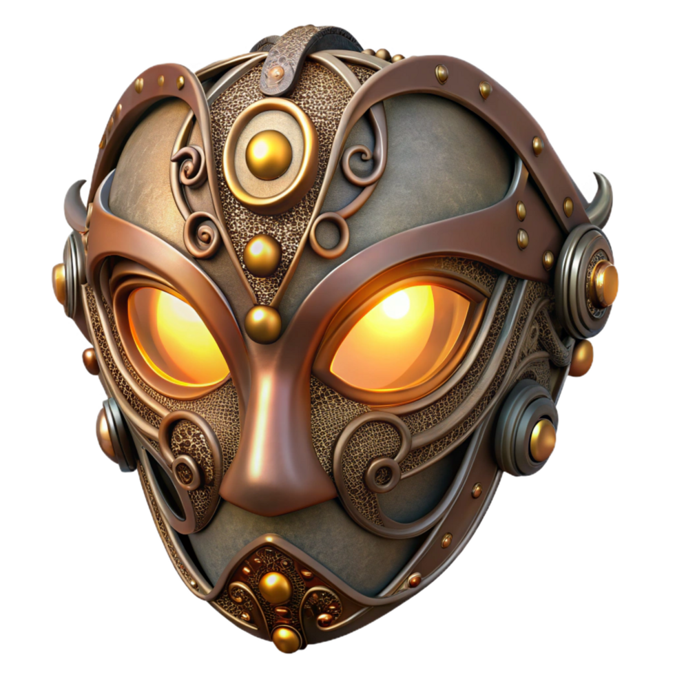 striking coveted A steampunk mask, with intricate filigree and glowing lenses, concealing the wearer s identity. Dramatic, theatrical lighting. Art Nouveau style png