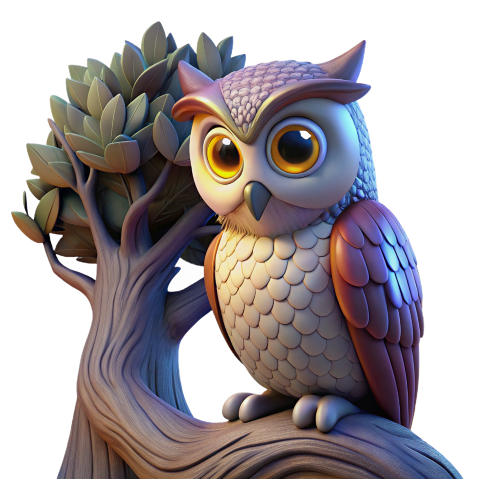 dramatic reflective surreal A wise old owl perched on an ancient oak tree, twilight lighting, fantasy art style high resolution png