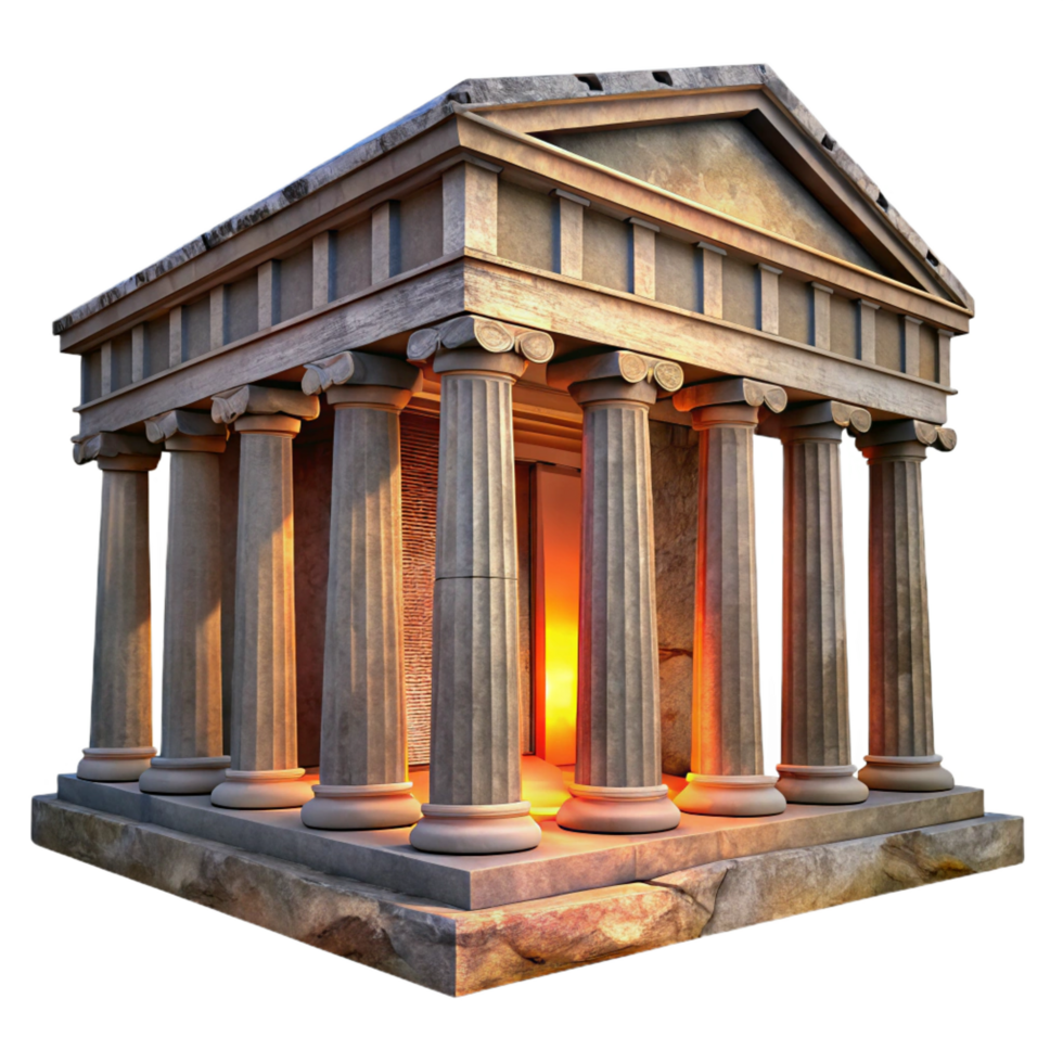 sumptuous joyful avant garde An ancient Greek temple, weathered and crumbling, dramatic sunset lighting, historical and evocative style fine detail png