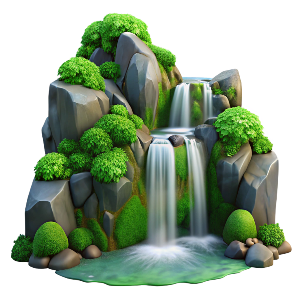 radiant passionate nordic A waterfall cascading down mossy rocks, lush green foliage, tranquil and serene, long exposure photography, refined png